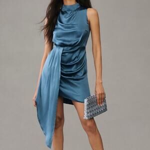 By Anthropologie Maeve Women’s Mock-Neck Draped Silk Teal Asymmetric Hem Dress 4